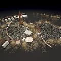 Rustic Natural Landscape With Gravel Piles Dry Grass Scattered Branches And Stones