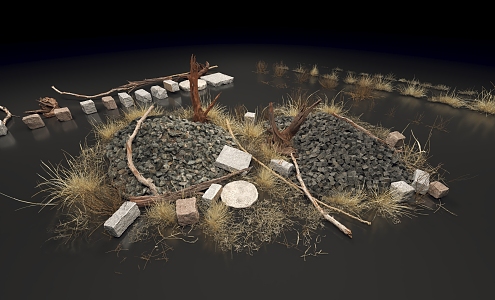 modern gobi wilderness rock weeds dead wood brick 3d model