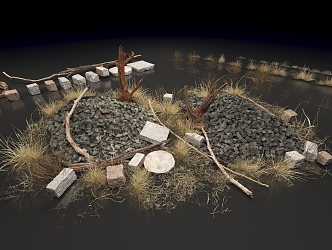 modern gobi wilderness rock weeds dead wood brick 3d model