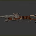 Intricate Vintage Mechanical Firearm With Metal Wooden Structure And Leather Straps
