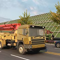 Yellow Utility Vehicle With Red Boom Parked Roadside Near Green Grid Structure And Purple Flowers