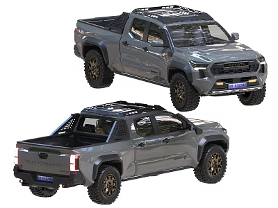 Gray Modern Pickup Truck Exterior Display With Roof Rack From Two Angles 3d model
