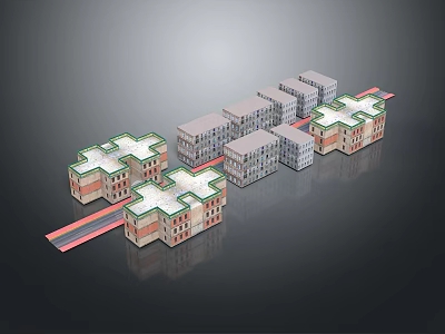 Cartoon Scenery With Red And Gray Buildings Green Cross Roofs And Red Connecting Parts 3d model