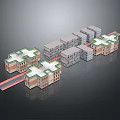 Cartoon Scenery With Red And Gray Buildings Green Cross Roofs And Red Connecting Parts