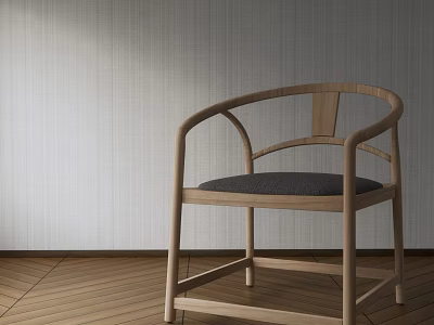Modern Wooden Leisure Chair With Curved Armrests Dark Padded Seat And Minimalist Wall 3d model