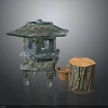 Traditional Copper Lantern Structure With Pagoda Roof Window Panels And Wooden Log Stump