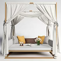 Cozy Outdoor Sofa with Wooden Frame White Curtains Yellow Gray Cushions and Flower Vase