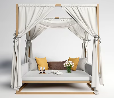 Cozy Outdoor Sofa with Wooden Frame White Curtains Yellow Gray Cushions and Flower Vase 3d model