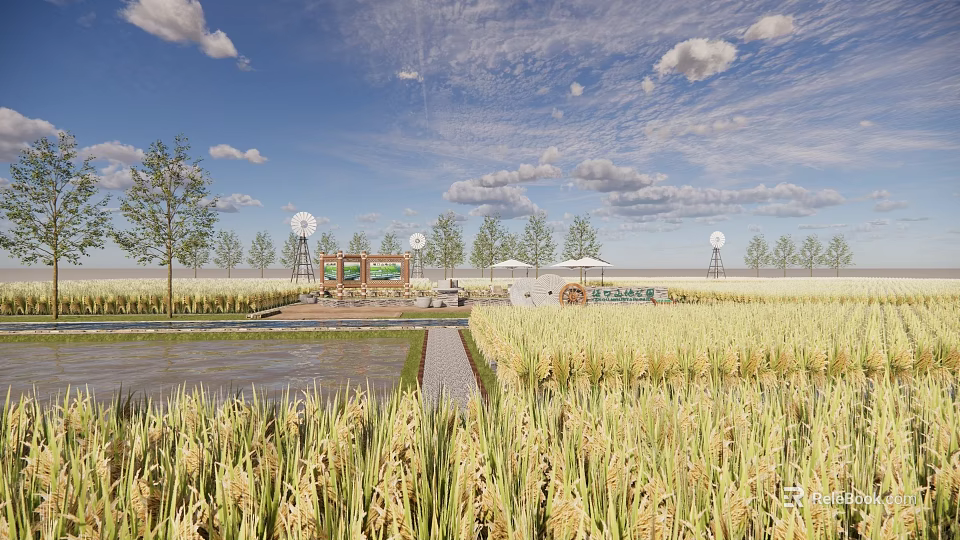 Rural Landscape With Golden Rice Fields Blue Sky White Clouds Trees Signboard Pathway And Umbrellas 3d model 