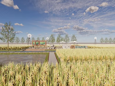 Rural Landscape With Golden Rice Fields Blue Sky White Clouds Trees Signboard Pathway And Umbrellas 3d model
