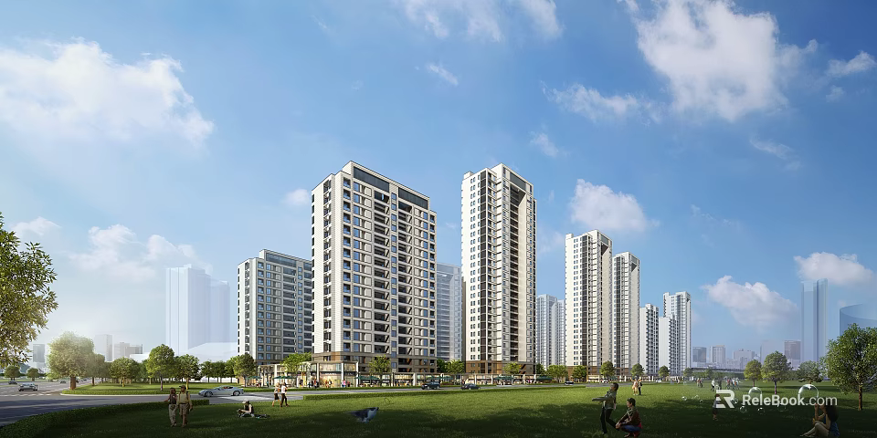 Modern High Rise Residential Buildings with Green Lawn and People Enjoying Activities Under Blue Sky 3d model 