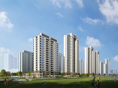 Modern High Rise Residential Buildings with Green Lawn and People Enjoying Activities Under Blue Sky 3d model