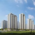 Modern High Rise Residential Buildings with Green Lawn and People Enjoying Activities Under Blue Sky