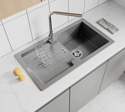 Stainless Steel Kitchen Sink with Faucet Drainer Rack and Glasses on White Countertop with Cabinets 3d model