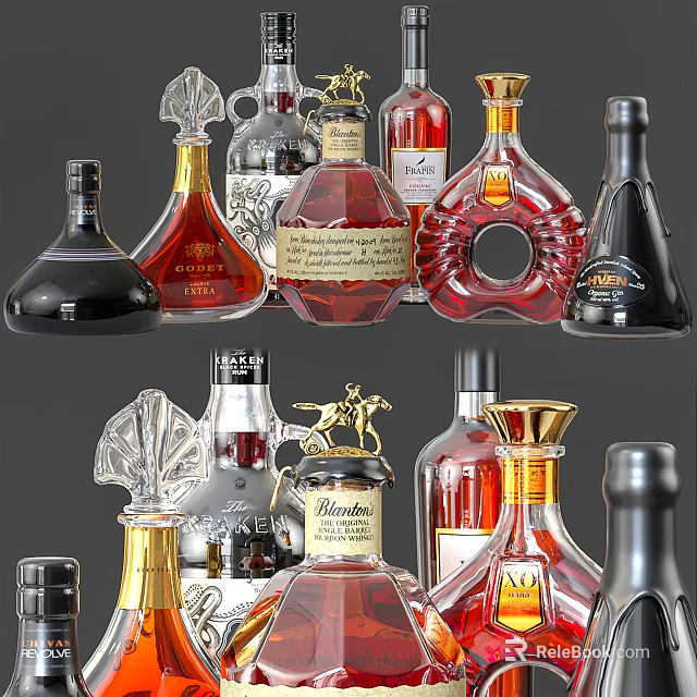 Various Decorative Wine Bottles and Elegant Glasses with Unique Designs for 3d model 