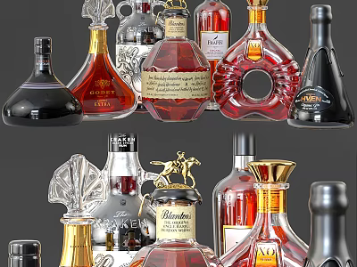 Various Decorative Wine Bottles and Elegant Glasses with Unique Designs for 3d model