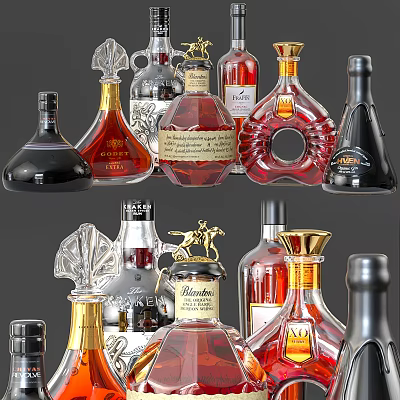 Various Decorative Wine Bottles and Elegant Glasses with Unique Designs for 3d model