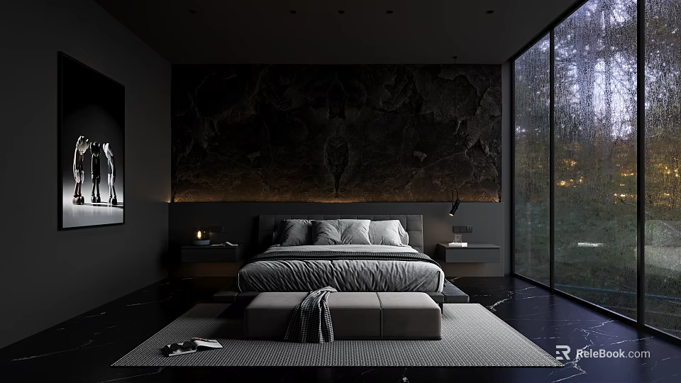 Modern Bedroom Interior With Dark Marble Accent Wall And Floor to Ceiling Windows 3d model 