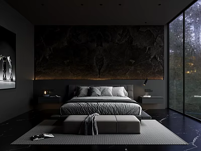Modern Bedroom Interior With Dark Marble Accent Wall And Floor to Ceiling Windows 3d model