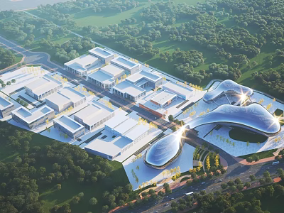 Aerial Planning of Modern Architectural Complex with Green Surroundings and Curved Roof Design 3d model