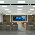 Modern Conference Room Interior With Large Screen Rows Of Chairs And Ceiling Lights