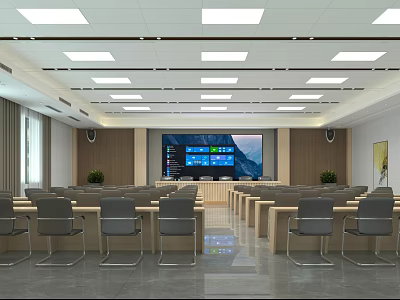 Modern Conference Room Interior With Large Screen Rows Of Chairs And Ceiling Lights 3d model