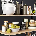 Organized Kitchen Wooden Shelves With Various Kitchenware Bowls Plates Jars And Glassware