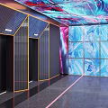 Modern Shopping Mall Lobby With Elevators Colorful Ceiling Blue Pink Wall Decor Neon Light Strips