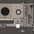 Modern Bathroom Interior Design With Backlit Round Mirror Striped Wall Vanity Toilet And Shower Area