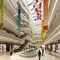 Vibrant Modern Shopping Mall Atrium With Red Balloons And Colorful Pillars