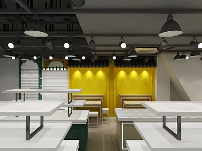Specialty Store Interior With White Display Tables And Yellow Walls 3d model