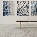 Modern Art Exhibition Space With Abstract Paintings Wooden Benches And White Walls
