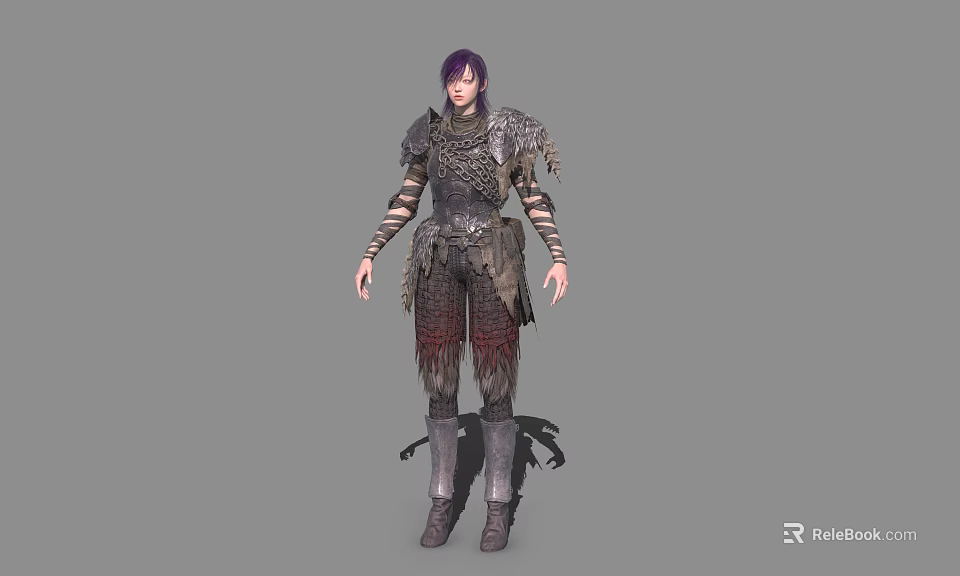 Game Film Character With Purple Hair And Detailed Warrior Style Leather Metal Armor 3d model 