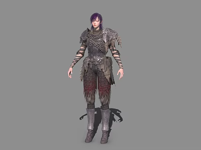 Game Film Character With Purple Hair And Detailed Warrior Style Leather Metal Armor 3d model