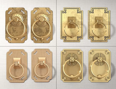 Various Traditional Brass And Wooden Door Handles With Ornate Carved Patterns 3d model