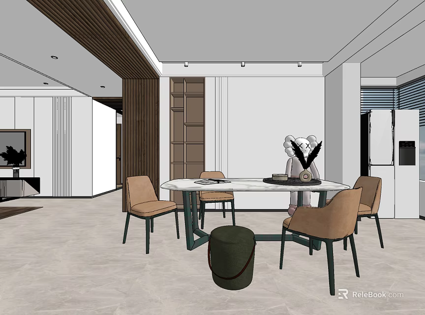 Modern Restaurant Interior Design With Wooden Panel Wall Round Dining Table And Light Brown Dining Chairs 3d model 