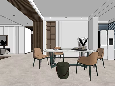 Modern Restaurant Interior Design With Wooden Panel Wall Round Dining Table And Light Brown Dining Chairs 3d model