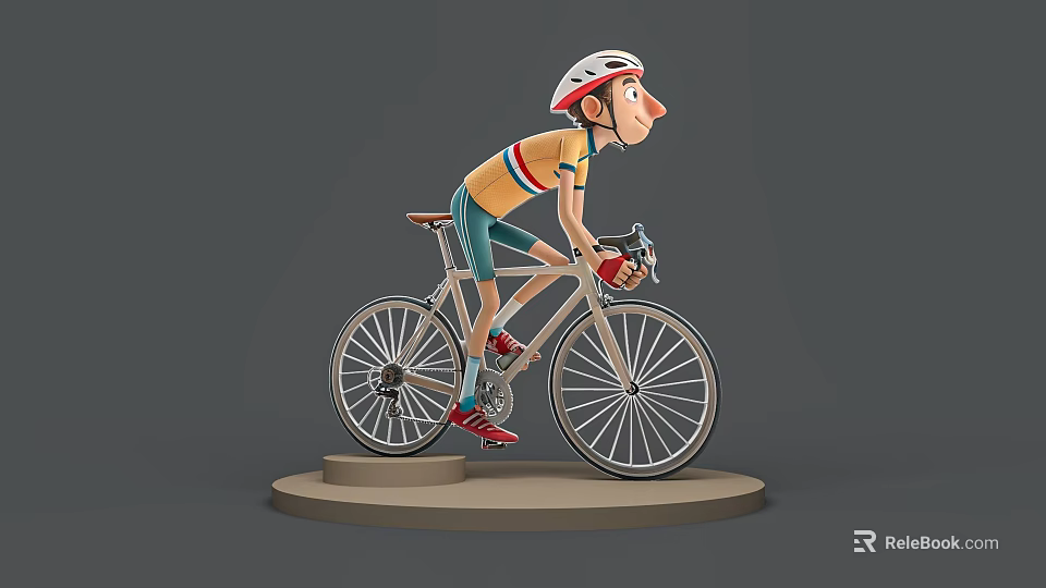 Man Riding Bicycle With White Helmet Yellow Orange Shirt And Blue Shorts 3d model 