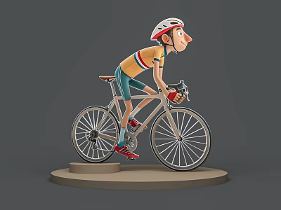 Man Riding Bicycle With White Helmet Yellow Orange Shirt And Blue Shorts 3d model