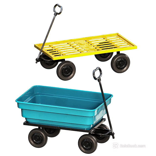 Yellow Grid And Blue Basin Garden Carts With Black Wheels And Handles 3d model 