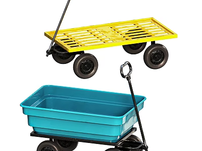 Yellow Grid And Blue Basin Garden Carts With Black Wheels And Handles 3d model