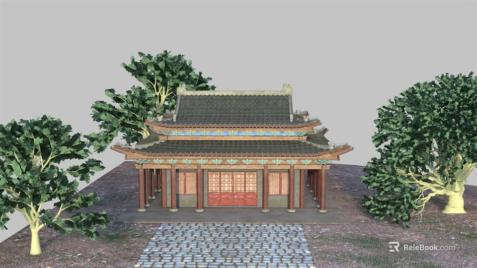 Ancient Chinese Architecture With Tiled Roof Red Doors Stone Path And Surrounding Trees 3d model 