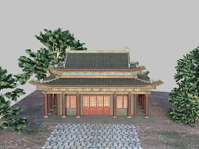 Ancient Chinese Architecture With Tiled Roof Red Doors Stone Path And Surrounding Trees 3d model