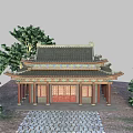 Ancient Chinese Architecture With Tiled Roof Red Doors Stone Path And Surrounding Trees