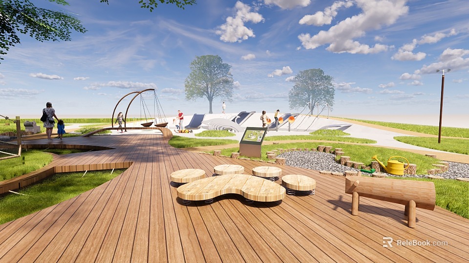 Outdoor Children's Play Area With Wooden Deck Circular Seats Swings Trees And Green Grass 3d model 