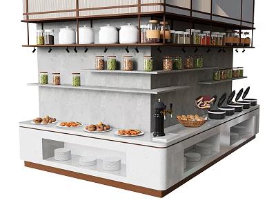 Food Display Counter With Shelves Jars Baked Goods And Coffee Machine 3d model