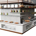 Food Display Counter With Shelves Jars Baked Goods And Coffee Machine