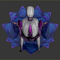 Fantasy Elf Character With White Hair Purple Spiked Headdress Blue Gem And Blue Petal Outfit