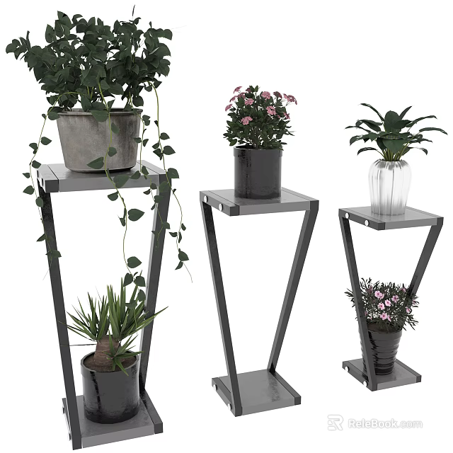 Modern Garden Decor With Metal Plant Stands And Potted Green Flowering Plants 3d model 