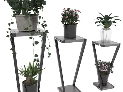 Modern Garden Decor With Metal Plant Stands And Potted Green Flowering Plants 3d model